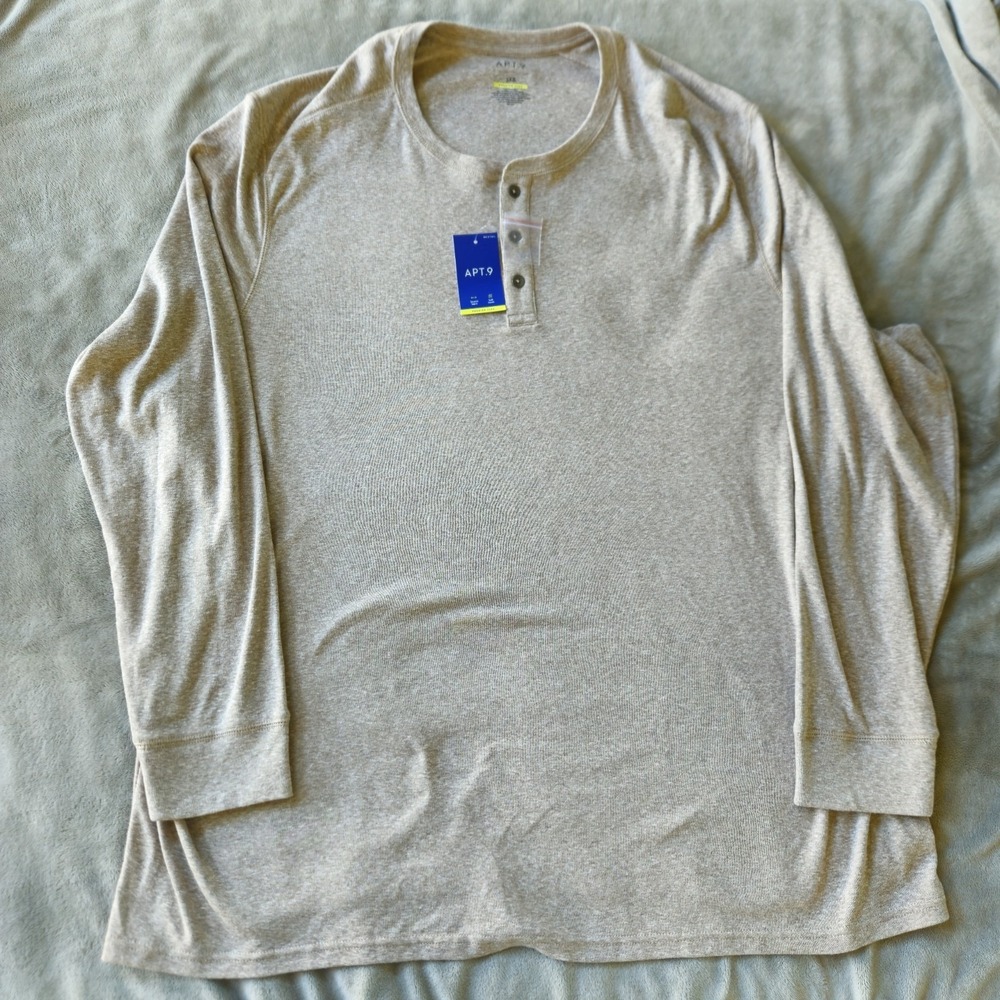 New! Men's Apt 9 Premier Flex Beige Henley Shirt 3XL Big and Tall Long Sleeves